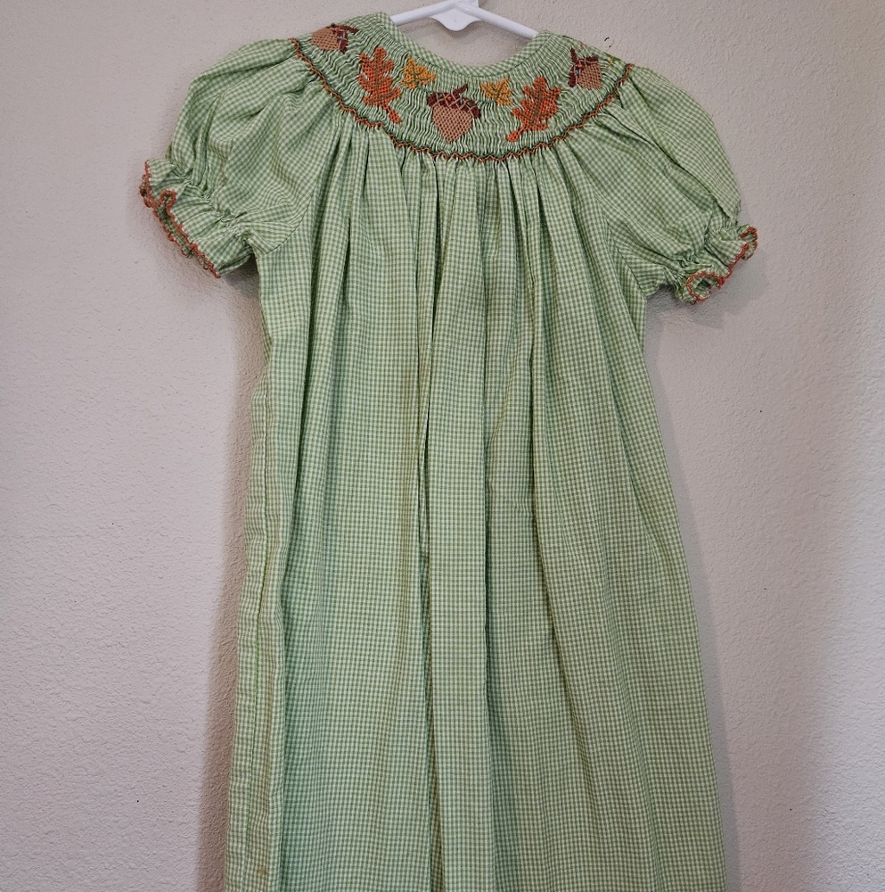 Green Gingham Smocked Dress with Fall Embroidery